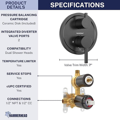 HammerHead Showers Solid Metal Shower Valve and Trim Kit, Two-Handle Volume and Temperature Control with Integrated Diverter, Pressure Balance Rough-In Valve Included, Oil Rubbed Bronze