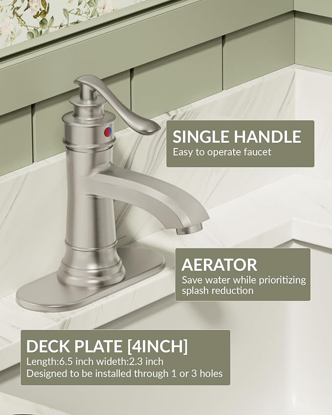 Brushed Nickel Bathroom Faucet Brass Single Handle Bathroom Sink Faucets | Single Hole Farmhouse Faucet Vanity Lavatory RV with Overflow Pop Up Drain Mixer Tap Commcercial Rustic by BATHLAVISH