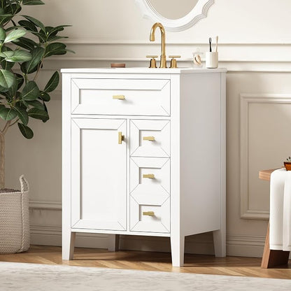 Merax 24 Inch Bathroom Vanities with Undermount Ceramic Sink, Tip-Over Drawer and Side Drawers, Soft Closing Door with Shelf, Solid Wood Frame, White
