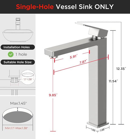 FORIOUS Vessel Sink Faucet Single Hole, Brushed Nickel Tall Bathroom Faucet | Modern Tall Single Handle Space Saving Design, with Pop up Drain for Basin Bowl Vanity Lavatory Residential/Commercial Use