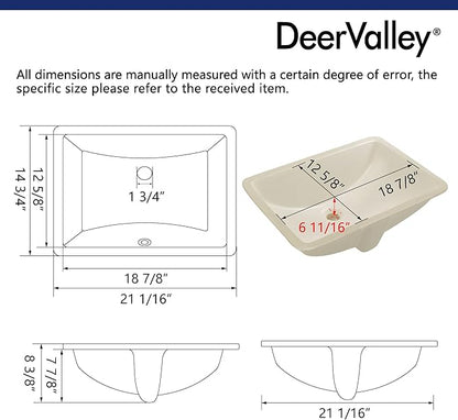DeerValley DV-1U0085 Ally Rectangular Undermount Bathroom Sink 21'' x 15'' inch Vitreous China Bathroom Undermount Sink with Overflow, Bone