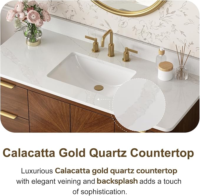 48 Inch Walnut Bathroom Vanity with Sink, Fully Assembled Solid Wood Bathroom Vanities with Soft Close Parquet Doors, Full Extension Dovetail Drawers, Calacatta Quartz Top & Backsplash