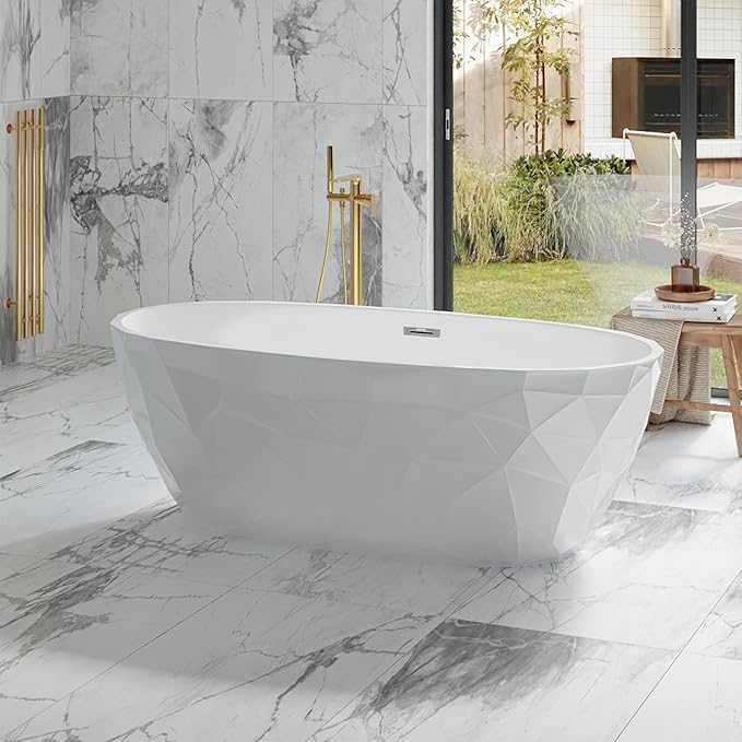 Freestanding Bathtub 59 Inch Acrylic Free Standing Tub – Diamond-Style Carved Texture Exterior, Freestanding Bathtubs with Chrome Overflow & Pop-Up Drain, Modern Bathroom Tub for Home Spa Upgrade