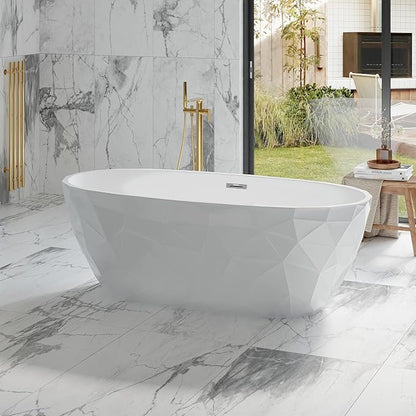 Freestanding Bathtub 59 Inch Acrylic Free Standing Tub – Diamond-Style Carved Texture Exterior, Freestanding Bathtubs with Chrome Overflow & Pop-Up Drain, Modern Bathroom Tub for Home Spa Upgrade