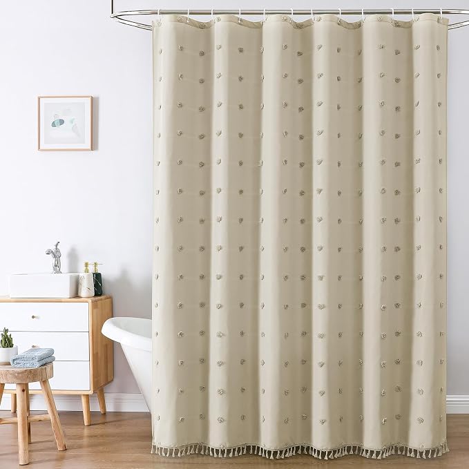 LilyCat Beige Farmhouse Tufted Floral Shower Curtain with Tassel, 72" x 78" | Waterproof Boho Fabric Shower Curtain Set with Hooks, Cute Rustic Vintage Bathroom Décor, Minimalist Cloth Bathroom Curtain