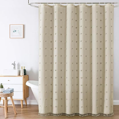 LilyCat Beige Farmhouse Tufted Floral Shower Curtain with Tassel, 72" x 72" | Waterproof Boho Fabric Shower Curtain Set with Hooks, Cute Rustic Vintage Bathroom Décor, Minimalist Cloth Bathroom Curtain