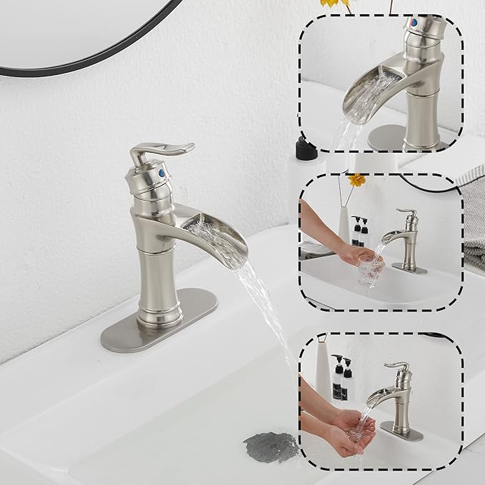 Waterfall Bathroom Faucet Brushed Nickel GGStudy Single Handle One Hole Farmhouse Bathroom Vanity Faucet Basin Mixter Tap Deck Mount with Drain Assembly