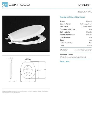Centoco 1200-106 Round Plastic Toilet Seat, Standard Economy Model, Light Weight Residential, Bone