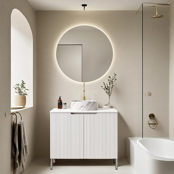 30-Inch Bathroom Vanity with Sink, Freestanding Bathroom Vanities with Marble Ceramic Basin and Sintered Stone Countertop, Soft Closing Door, Modern Bathroom Cabinet, White