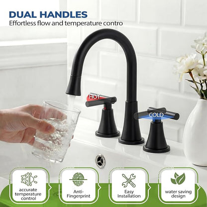 8 Inch Pull Out Sprayer Bathroom Faucet 3 Hole, Widespread 2 Handle Sink Faucet with Pop Up Drain and Supply Lines, Stainless Steel for Vanity, RV, Matte Black