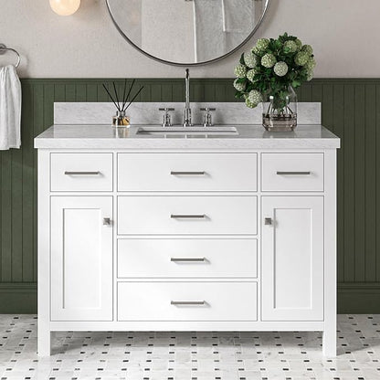 Alenza 48" White Bathroom Vanity with Sink, 1.5" Edge Italian Carrara Marble Countertop, Rectangular Undermount Sink, 2 Soft Closing Doors, 5 Dovetail Drawers