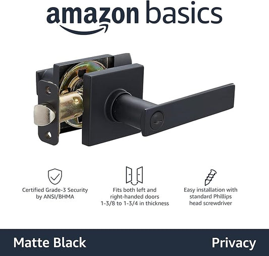 Amazon Basics Contemporary Stamford Privacy Door Lever, Easy Installation, Matte Black, 1-Pack