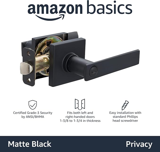 Amazon Basics Contemporary Stamford Privacy Door Lever, Easy Installation, Matte Black, 1-Pack