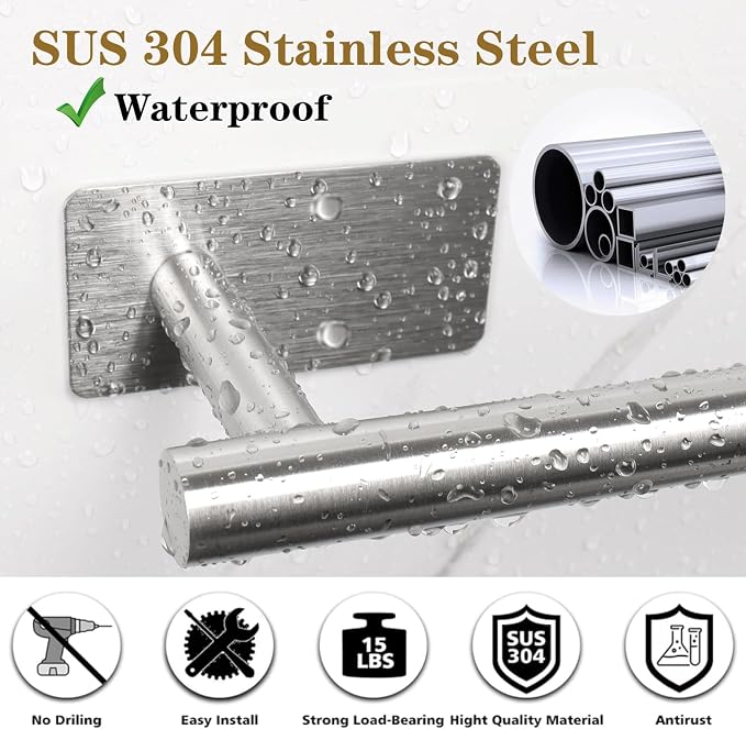 5 Pcs Self Adhesive Bathroom Hardware Set, Stainless Steel Towel Rack Set Include Adjustable 24In Bath Towel Bar+Toilet Paper Holder+3 Towel/Robe Hooks Bathroom Accessory Kit(Brushed Nickel)