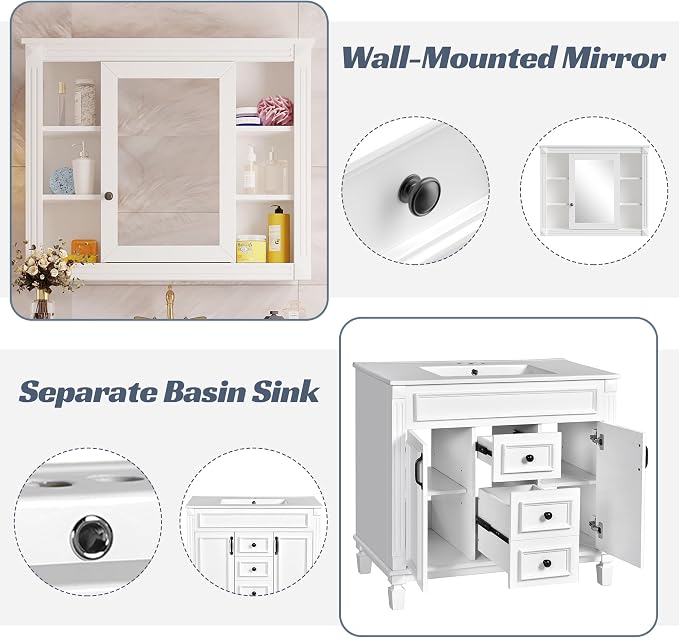 36" Bathroom Vanity with Top Sink, Mirror Cabinet, Modern Bathroom Storage Cabinet with 2 Soft Closing Doors and 2 Drawers, Single Sink Bathroom Vanity