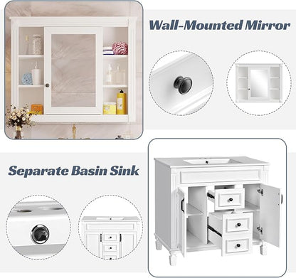 36" Bathroom Vanity with Top Sink, Mirror Cabinet, Modern Bathroom Storage Cabinet with 2 Soft Closing Doors and 2 Drawers, Single Sink Bathroom Vanity