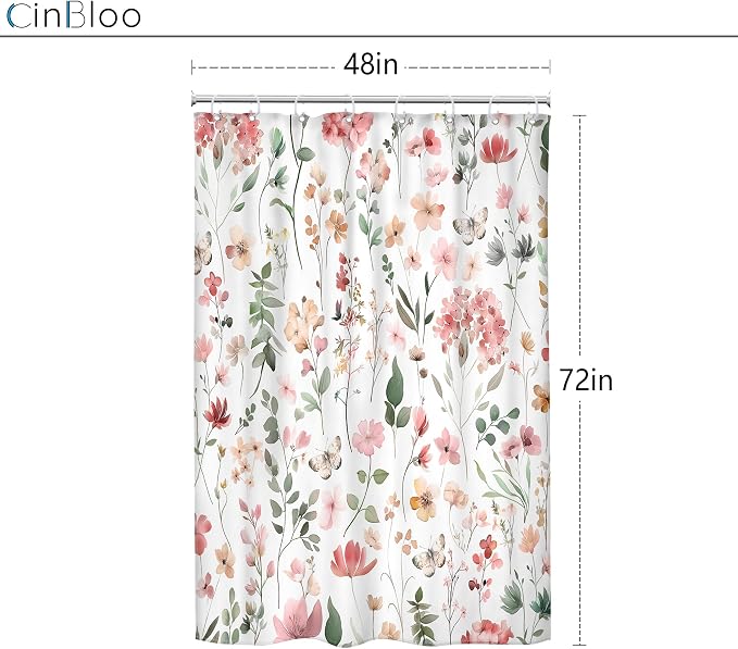 Pink Blush Coral Flower Floral Narrow Leaves Bathroom Shower Curtain Set | 48"W x 72"H Wildflower Plants; waterproof HD print, quick-dry fabric and plastic hooks for easy setup.