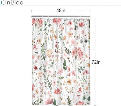 Pink Blush Coral Flower Floral Narrow Leaves Bathroom Shower Curtain Set | 48"W x 72"H Wildflower Plants; waterproof HD print, quick-dry fabric and plastic hooks for easy setup.