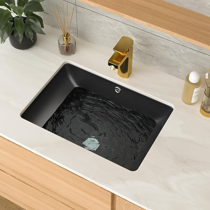 Undermount Bathroom Sink 20 x 14 inch Black Vessel Sink Rectangular Modern Ceramic Rectangle Vanity Art Basin with Overflow