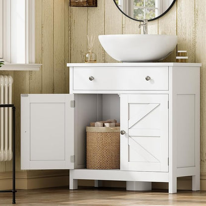 TEENFON Pedestal Sink Storage Cabinet with 2 Barn Doors and Drawer, Bathroom Sink Cabinet with U-Shape Cut-Out, Pedestal Sink Cabinet, White