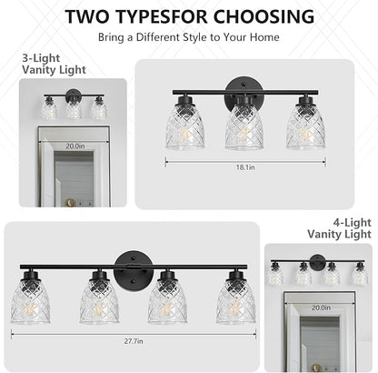 4-Light Vanity Light Over Mirror, Black Bathroom Light Fixtures | Modern Farmhouse Wall Sconces with Hammered Glass Lampshade for Kitchen Hallway Bedroom Living Room Cabinet Porch-27.5IN