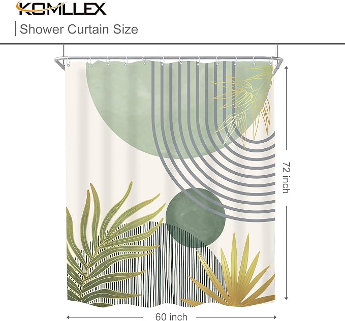 Mid Century Mint Green Boho Abstract Modern Bathroom Shower Curtain Set | 60Wx72L S Plant design, waterproof HD print with fast-drying fabric and 12 hooks.