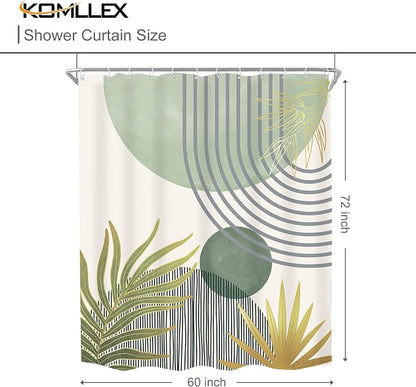 Mid Century Mint Green Boho Abstract Modern Bathroom Shower Curtain Set | 60Wx72L S Plant design, waterproof HD print with fast-drying fabric and 12 hooks.