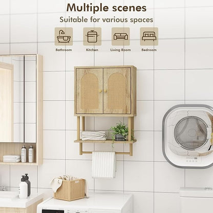 RUSTOWN Rattan Bathroom Wall Cabinet, Modern Boho Medicine Cabinet with Two Arched Rattan Doors, Over The Toilet Storage Cabinet with Adjustable Shelf and Towel Bar for Bathroom (Natural, Small)