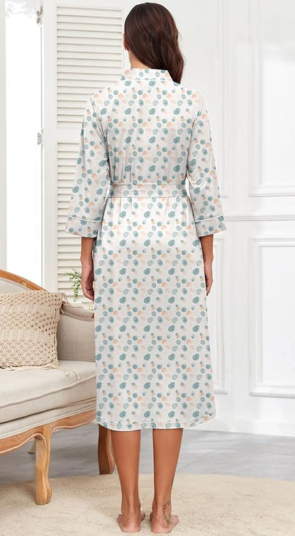 PrinStory Robes for Women 3/4 Sleeve Long Bath Robe XS-4XL | V-Neck Knit Bathrobe with Pockets, Lightweight, Soft, Breathable Robes for Shower, Spa, Travel, Home, Party, Nursing