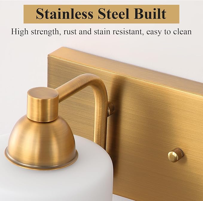 Mecgirn Stainless Steel Milk Glass Vanity Lights for Bathroom, 2 Light Brass Bathroom Light Fixtures Over Mirror, Ceramic E26 Sockets Wall Mounted