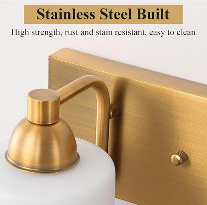 Mecgirn Stainless Steel Milk Glass Vanity Lights for Bathroom, 2 Light Brass Bathroom Light Fixtures Over Mirror, Ceramic E26 Sockets Wall Mounted