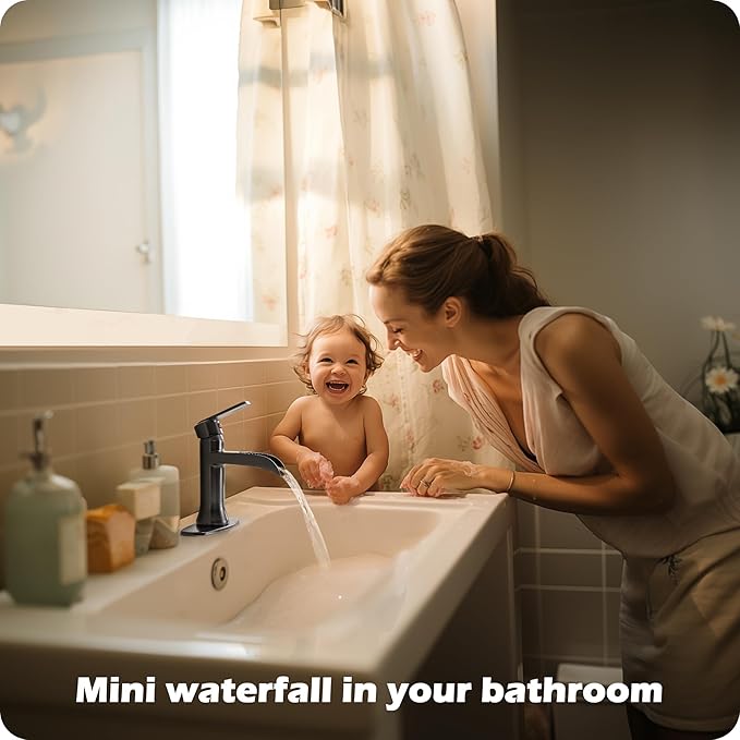 Waterfall Bathroom Sink Faucet Oil Rubbed Bronze, Brass Single Handle Bathroom Faucet 1 Hole or 3 Hole (4 Inch), Modern Bathroom Vanity Faucets with Pop Up Drain & Deck Plate for Rv Farmhouse