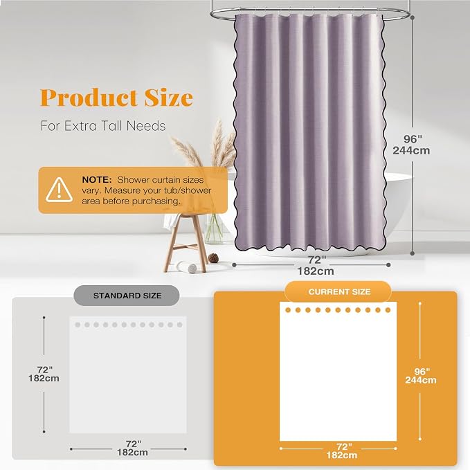 BTTN Extra Long Scalloped Linen Textured Shower Curtain, 72x96, Lavender | Extra Tall Size, 230GSM Waterproof Polyester, Heavy Duty Fabric, 12 Plastic Hooks, Boho Farmhouse Style, Machine Washable