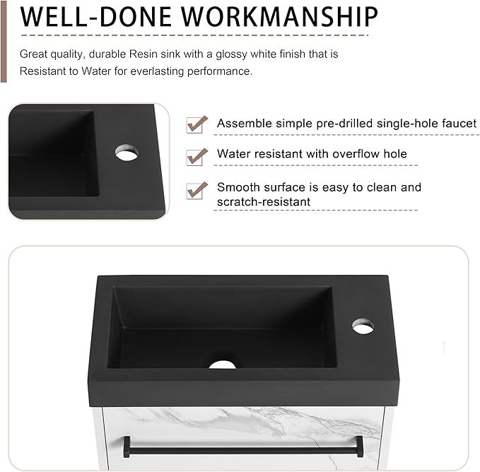 20" Small Bathroom Vanity with Black Sink Floating Bathroom Vanity Cabinet with Storage Wall Mounted Narrow Vanities Bathroom Vanity with White Marble Grain Flat Door for Home Bath