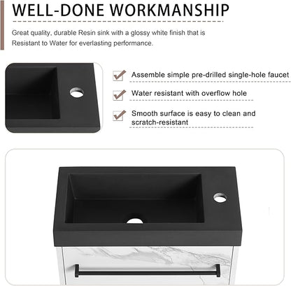 20" Small Bathroom Vanity with Black Sink Floating Bathroom Vanity Cabinet with Storage Wall Mounted Narrow Vanities Bathroom Vanity with White Marble Grain Flat Door for Home Bath