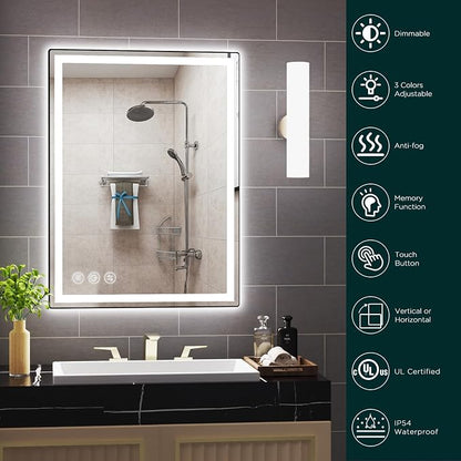 32" x 24" LED Bathroom Mirror with Lights, Memory Vanity Mirror | Anti-Fog, 3 Color Modes, Dimmable, Front Lit, Memory Function, Tempered Glass, Lighted Bathroom Mirror for Wall