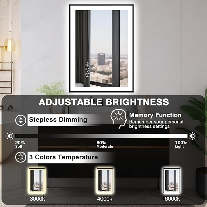 EchosLife 24x36 LED Bathroom Mirrors for Wall - Black Aluminum Framed | Black Frame, Front and Backlit, Anti-Fog, Stepless Dimmable, 3 Colors, Memory, Tempered Glass, UL Listed, Horizontal/Vertical