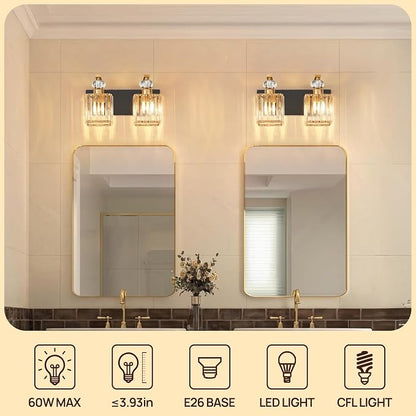 Modern Bathroom Vanity Light, 2-Light Black Gold Bathroom Lighting Fixtures Over Mirror, 12.6" Crystal Wall Light Sconce for Bathroom/Bedroom/Vanity, Includes LED Bulbs, Easy Installation