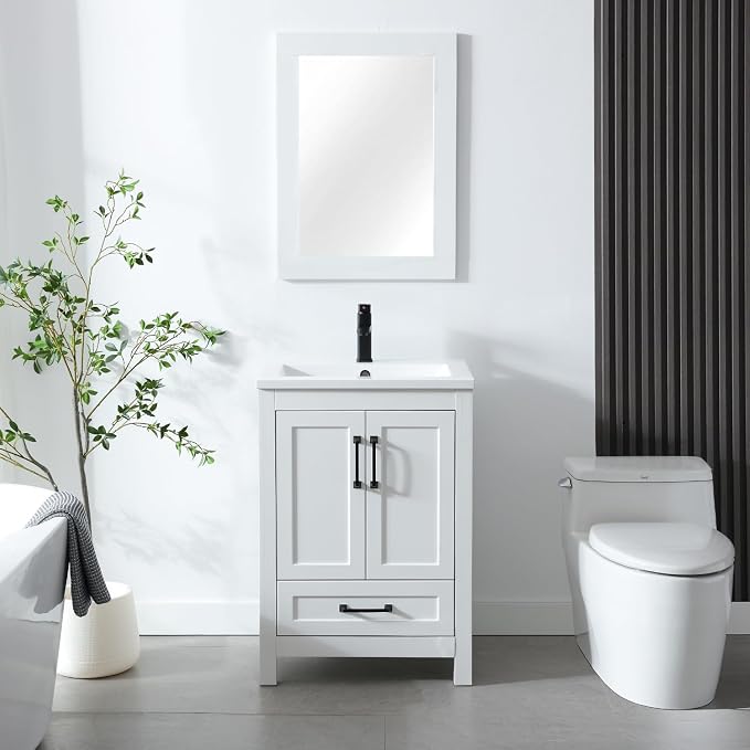 LUCKWIND 24" Bathroom Vanity and Sink Combos, Modern Bathroom Storage Painted Cabinet with Undercounter Ceramic Single Sink Top, Matte Black Faucet and Drawer, Mirror Not Included, White