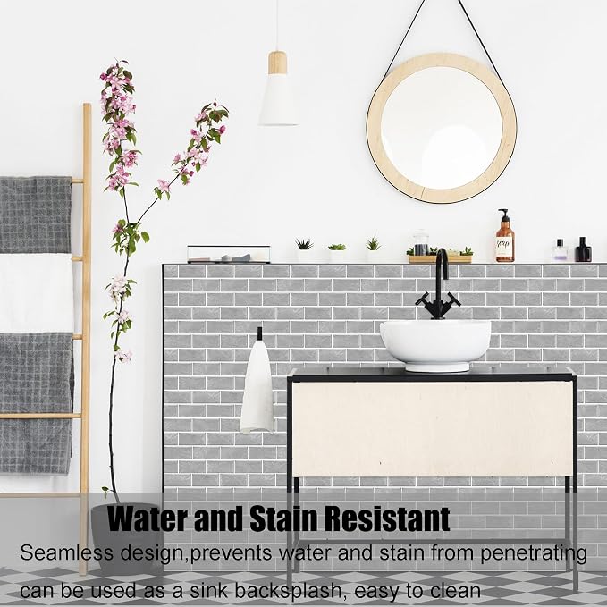 12-Sheet Grey Peel and Stick Wallpaper, Subway Tile 6''x12'' Self Adhesive Wall Tiles Waterproof PVC Stick on Backsplash Vinyl Decorative Tiles Stickers for Kitchen Bathroom