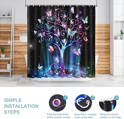 Shower Curtain Butterfly Tree, Shower Curtain for Bathroom, Fluorescence Tree Shower Curtain Sets with 12 Hooks Waterproof Polyester Fabric Machine Washable Home Office Farmhouse Decor Bath Curtains