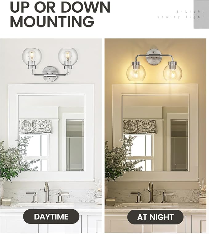 zeyu 2-Light Wall-Mount Vanity Light with Clear Globe Glass, ZS62BG-2W BN | Brushed Nickel Vanity Lighting, Hardwired, 2 E26 Bulbs Up To 60W Each, Clear Globe Glass Shades, For Bathroom Mirror
