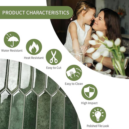 10 Sheets Long Hexagon Tile Peel and Stick Backsplash | Self-Adhesive Wall Tiles Stick on Back Splash for Kitchen, Bathroom, Fireplace,RV(Green,12"×12")