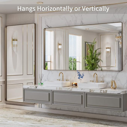 LOAAO 72”X36” Bronze Bathroom Mirrors for Vanity, Rounded Rectangle Brushed Bronze Metal Frame Mirror, Anti-Rust, Tempered Glass, Hangs Horizontally or Vertically