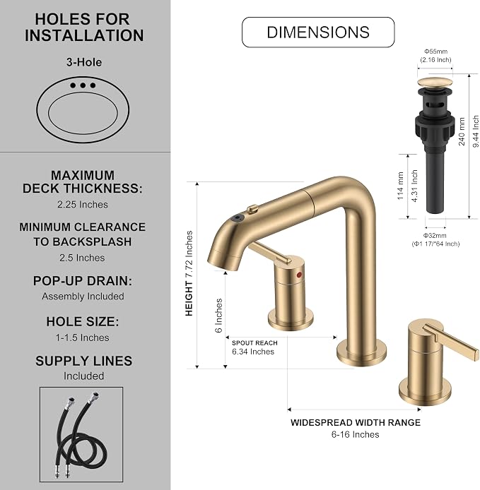Champagne Bronze Pull Down Widespread Bathroom Faucet 3 Hole 2 Handle | Pull Out Bathroom Faucet with Pop Up Drain & Supply Lines, Lead-Free cUPC & NSF Certified, 8 Inch Faucet for Vanity RV Sink