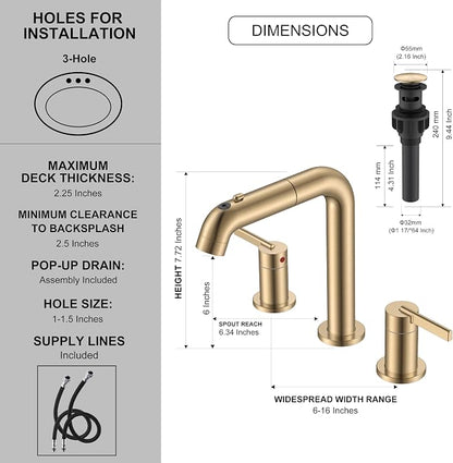Champagne Bronze Pull Down Widespread Bathroom Faucet 3 Hole 2 Handle | Pull Out Bathroom Faucet with Pop Up Drain & Supply Lines, Lead-Free cUPC & NSF Certified, 8 Inch Faucet for Vanity RV Sink