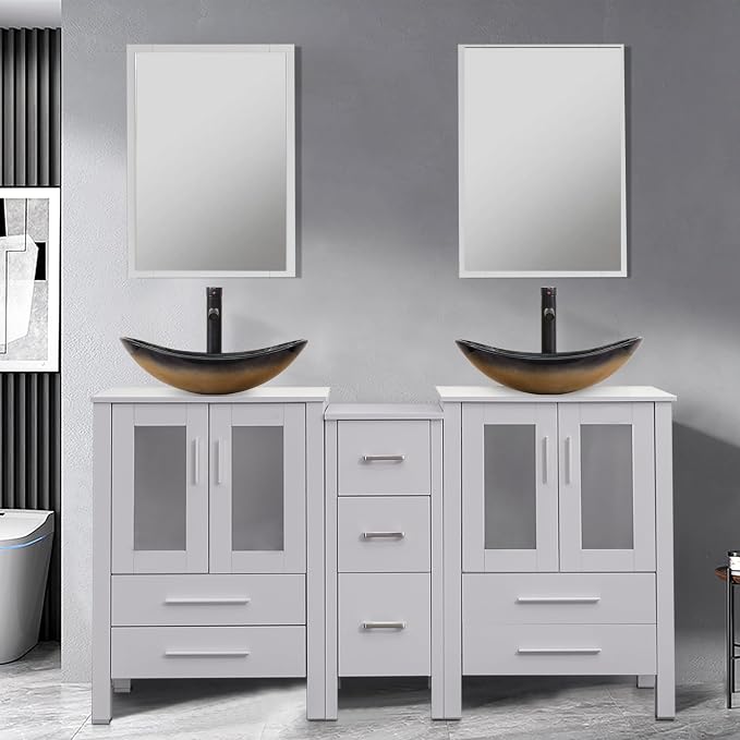 60" Double Sink Bathroom Vanity,Grey Bathroom Vanity with Double Side Vanity Cabinets & Removable 3 Drawer Storage Cabinet with Modern Vessel Sink,Mirror Not Included(029CH)