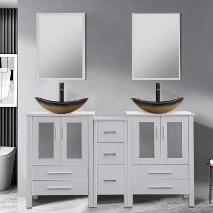 60" Double Sink Bathroom Vanity,Grey Bathroom Vanity with Double Side Vanity Cabinets & Removable 3 Drawer Storage Cabinet with Modern Vessel Sink,Mirror Not Included(029CH)