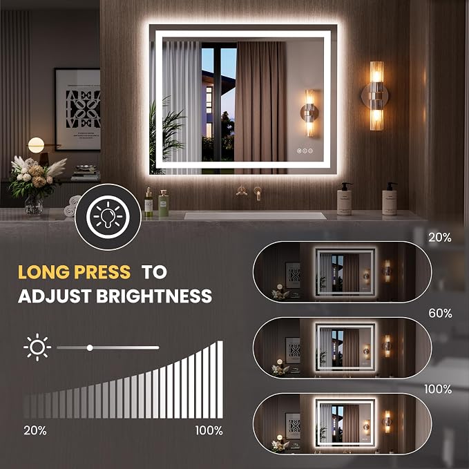 LOAAO 39.4"x31.5" LED Bathroom Mirror with Lights, UL Listed | Anti-Fog, Dimmable, 3 Color Temperature, Backlit + Front Lit, Memory Function, Tempered Glass
