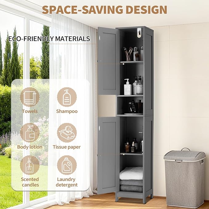 GarveeHome Tall Narrow Bathroom Cabinet, 66.9" Small Skinny Bathroom Storage Cabinet for Small Spaces | Freestanding Water Resistant Organizer for Bathroom, Kitchen, Hallway (2 Doors, Grey)